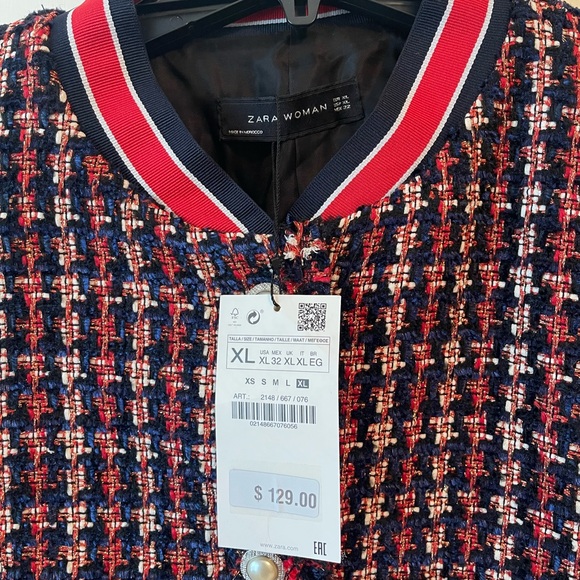 Zara bouquet Tweed houndstooth blazer jacket XL red blue pearl - Picture 3 of 3